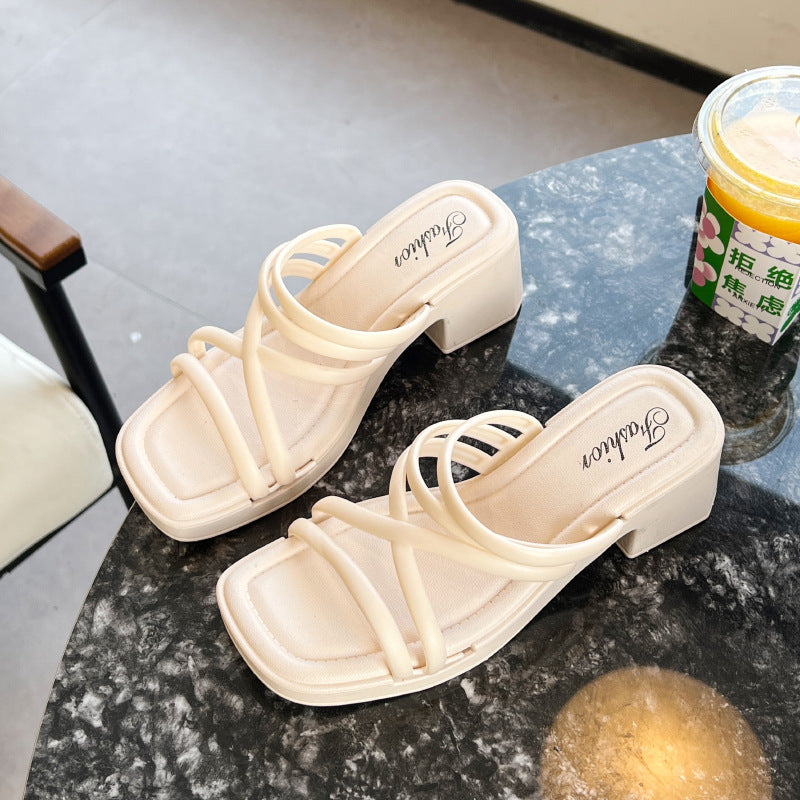 High Heeled Sandals Women's Summer Fashion Thin Strap Sandals Foreign Trade Thick Slippers Women's Southeast Asian Beach Outer Wear Sandals