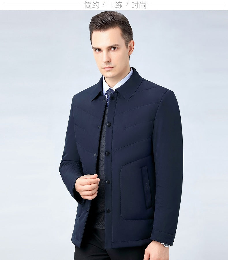 2025 Winter Mulberry Silk Men's Cotton Jacket with Turn-Down Collar, Quilted Middle-Aged Business Casual Cotton Coat for Dad