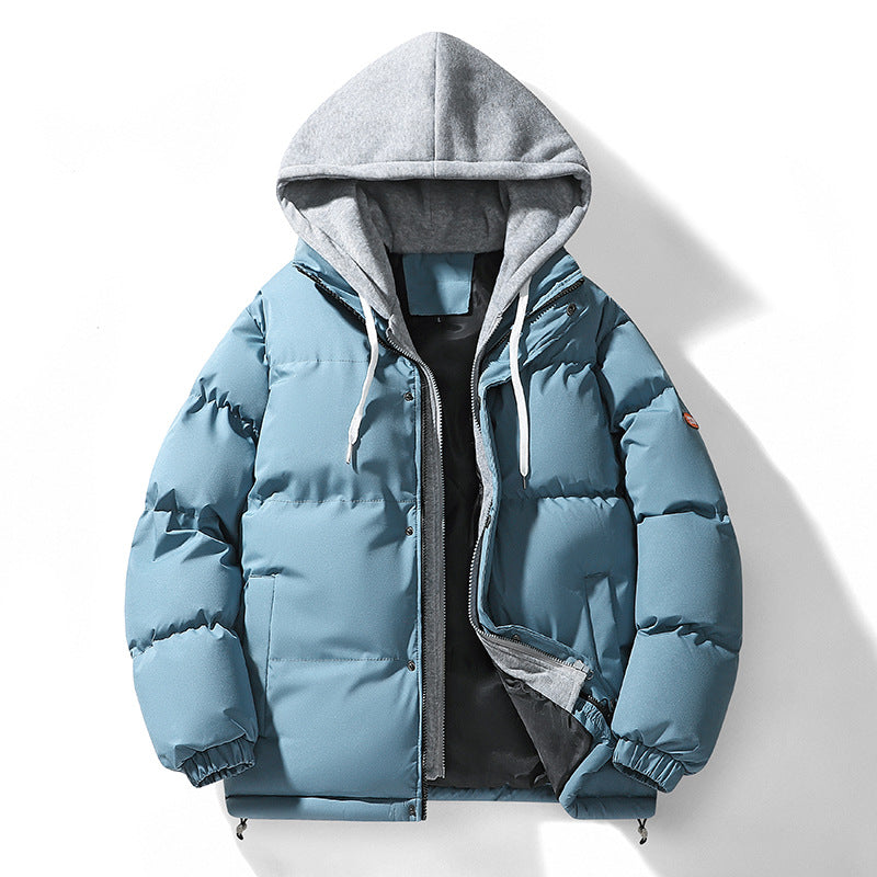 Autumn and Winter New Style Fake Two-Piece Cotton Jacket for Men, High-Quality Puffer Jacket, Couple's Style, Thickened and Warm Hooded Cotton Coat