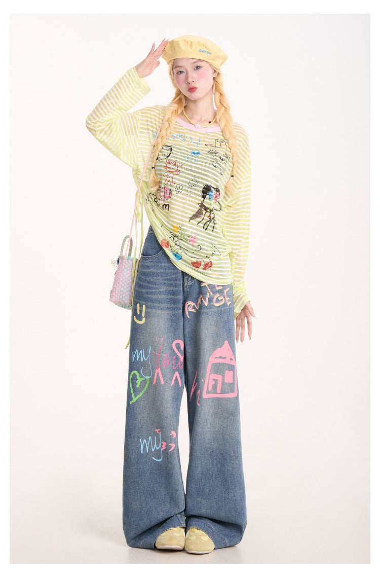 American Graffiti Print Jeans for Women, Trendy Retro Washed Straight Pants, Loose Casual Drape Versatile Casual Pants