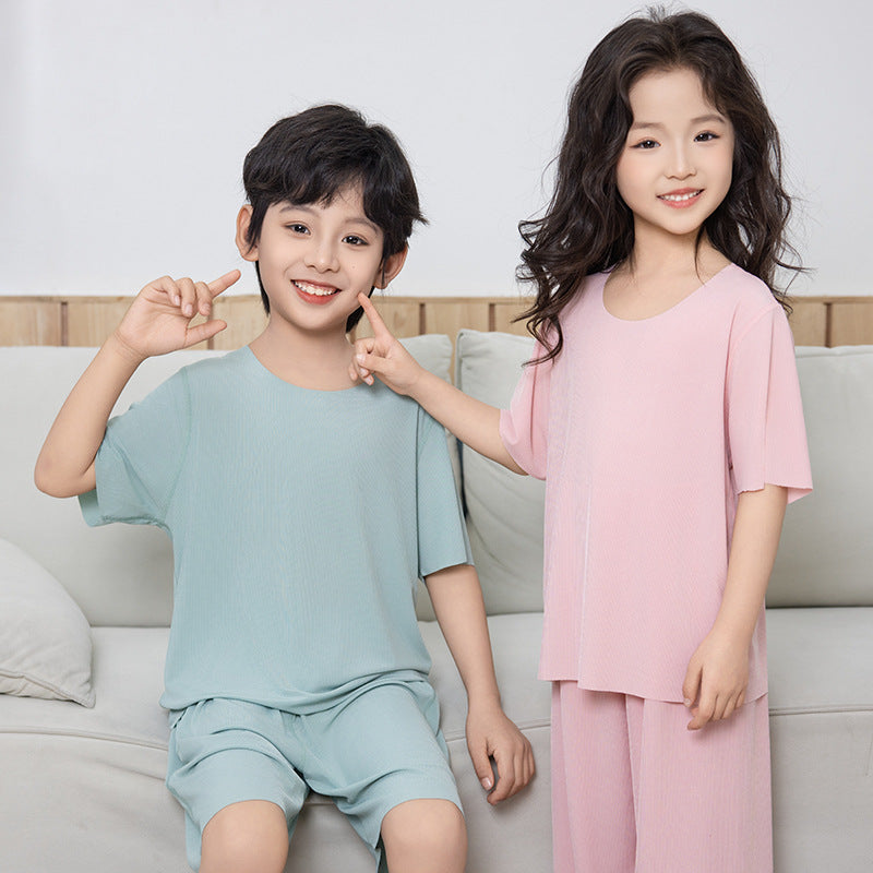 Summer New Style Boys' Short-Sleeved Loose Seamless Ice Silk Home Clothes Children's Two-Piece Set Girls' Pajamas Set Wholesale