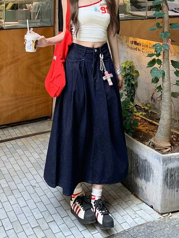 Retro Dark Denim Skirt for Women 2025 Spring and Autum New High-Waisted Loose Slimming Look Pleated A-Line Mid-Length Skirt