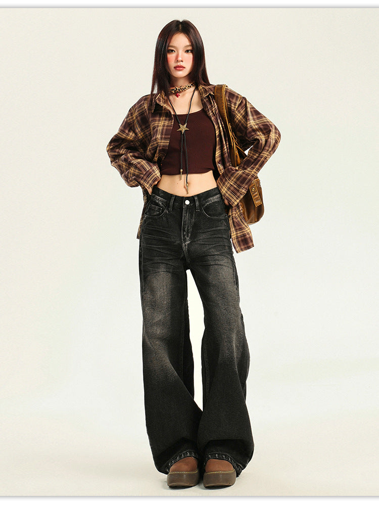 American Large Size Retro Black and Gray Jeans for Women Spring and Autumn New High-Waist Slim Straight Loose Wide-Leg Floor-Length Trousers