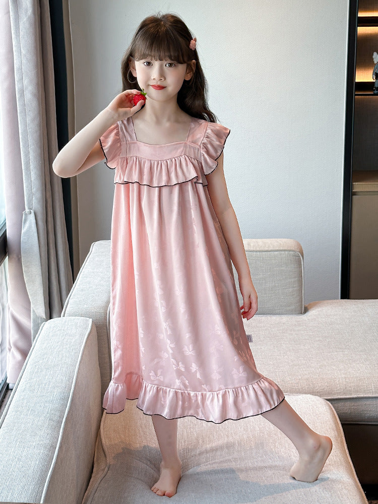 Girls' Summer Ice Silk Jacquard Butterfly Nightgown 2025 New Western Style Children's Thin Pajamas Large Children's Home Clothes