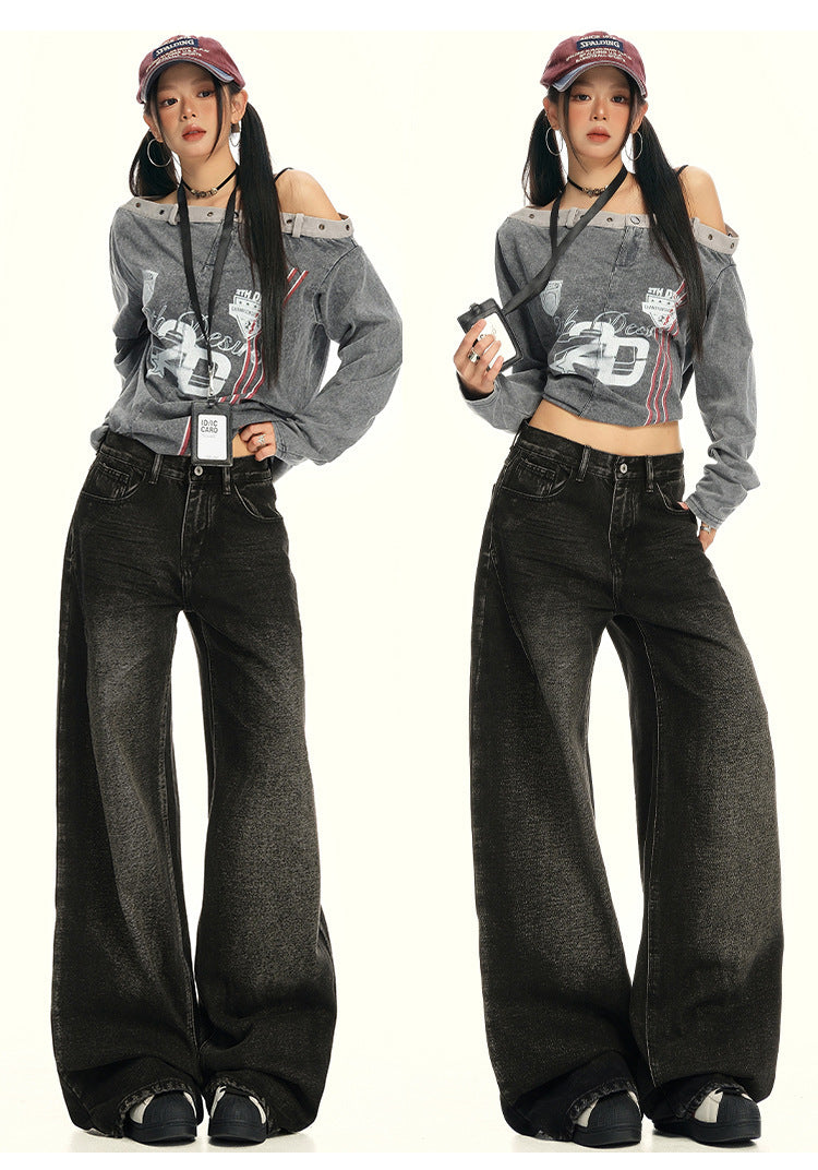 American Retro Wide-Leg Jeans for Women 2025 Early Autumn New Design Distressed Slimming Straight-Leg Floor-Length Pants