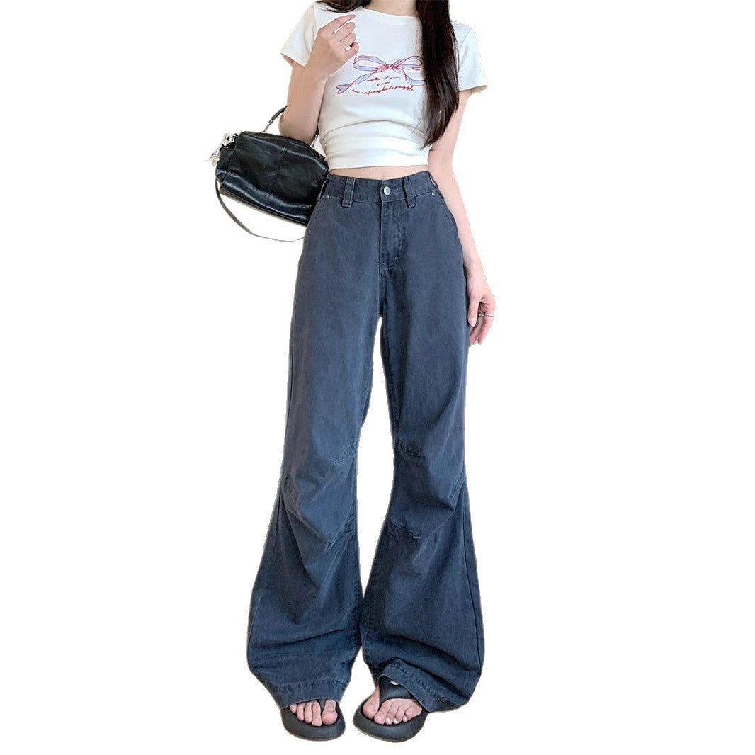 American Retro Design Workwear Jeans for Women New High Street Personalized Pleated Loose Straight Casual Pants