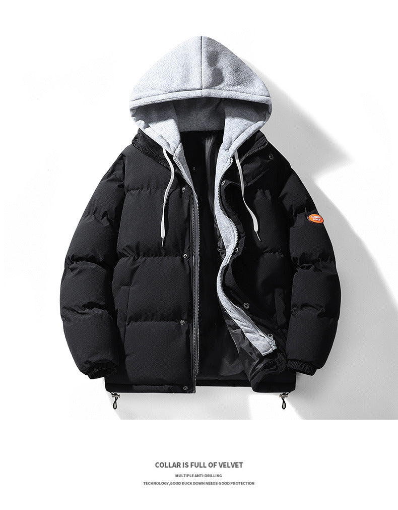 Autumn and Winter New Style Fake Two-Piece Cotton Jacket for Men, High-Quality Puffer Jacket, Couple's Style, Thickened and Warm Hooded Cotton Coat