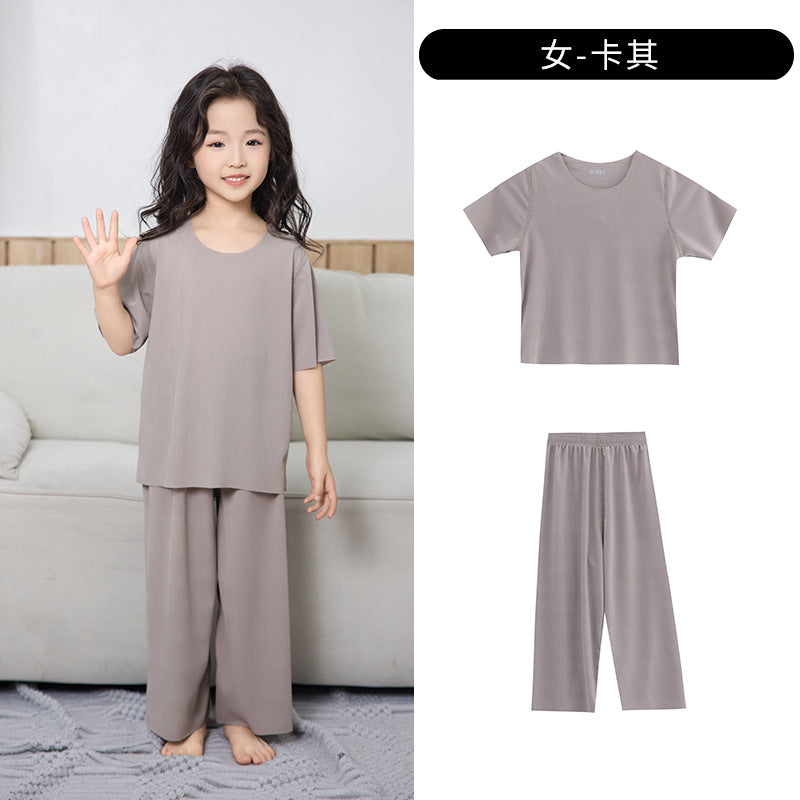 Summer New Style Boys' Short-Sleeved Loose Seamless Ice Silk Home Clothes Children's Two-Piece Set Girls' Pajamas Set Wholesale