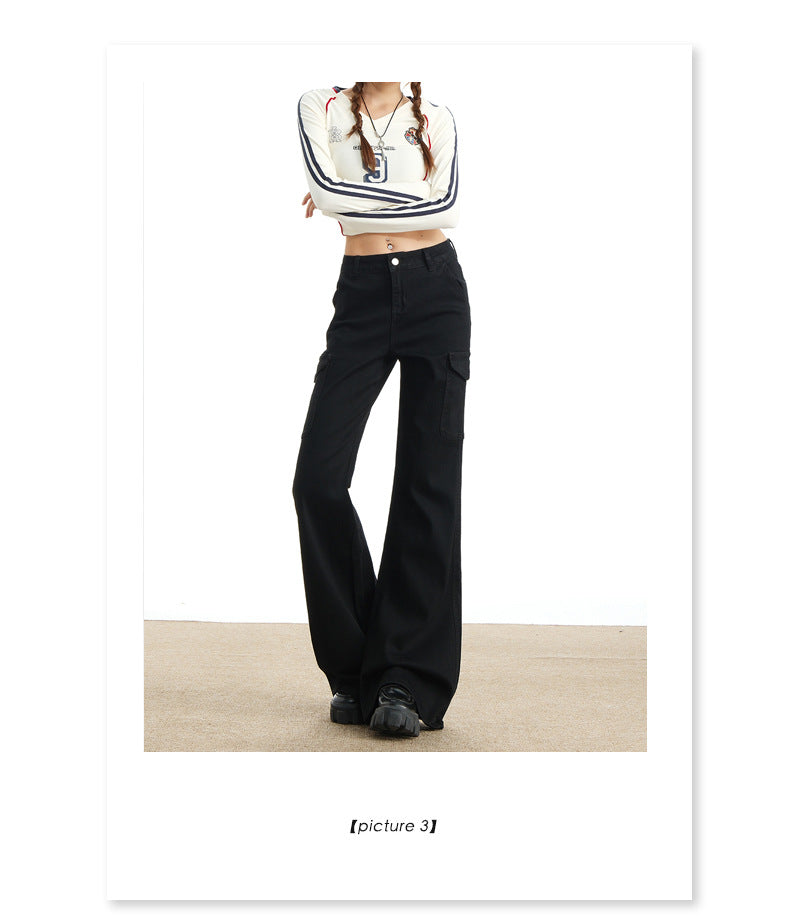 Eye-Catching Autumn and Winter Black Workwear Mid-Waist Elastic European and American Slightly Flared Wide-Leg Floor-Length Casual Jeans for Women