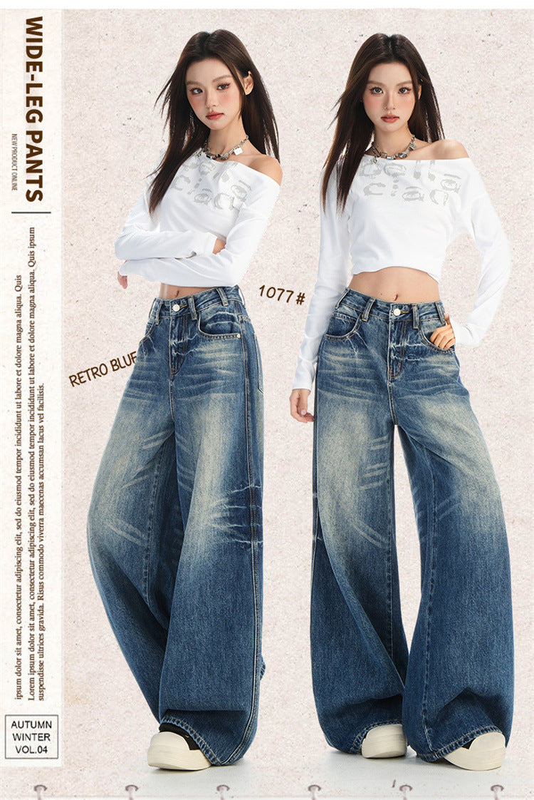 Raccoon House # High-Waisted Loose Whiskered Floral Heavy Craft Jeans for Women 2025 Autumn New Drape Slimming Floor-Length Pants