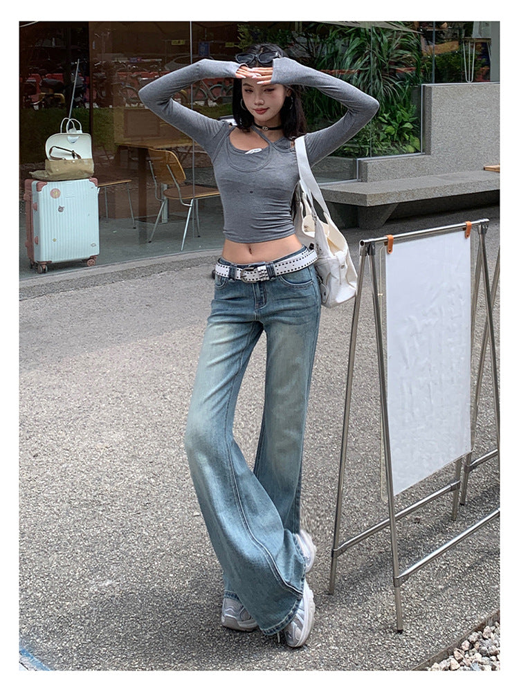 American Hot Girl Washed Retro Slim Jeans for Women Early Autumn New Versatile Fashionable and Comfortable Low-Waist Micro-Flared Pants