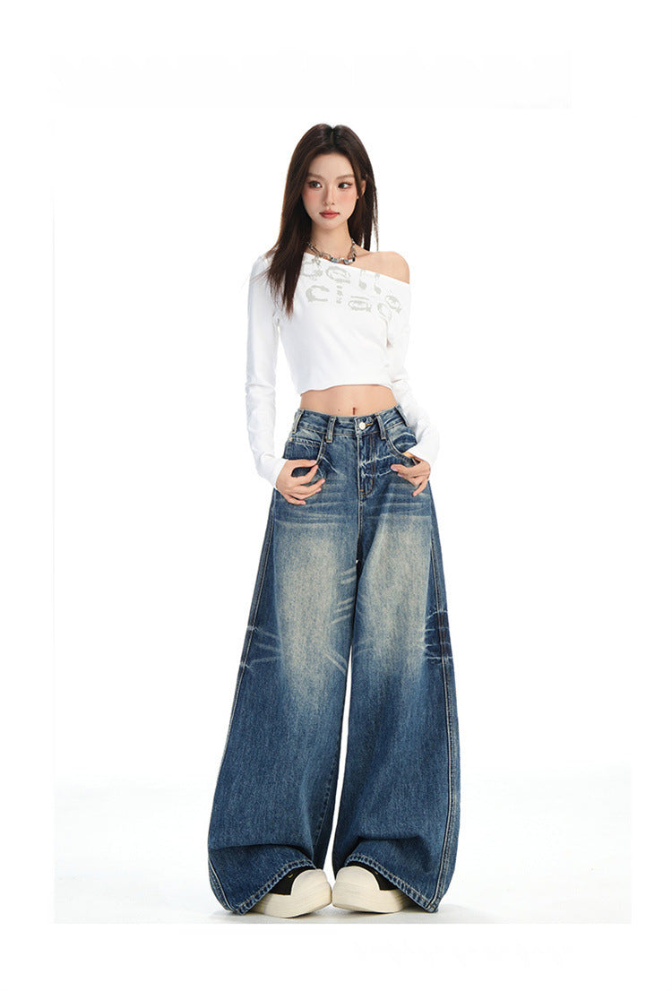 Raccoon House # High-Waisted Loose Whiskered Floral Heavy Craft Jeans for Women 2025 Autumn New Drape Slimming Floor-Length Pants