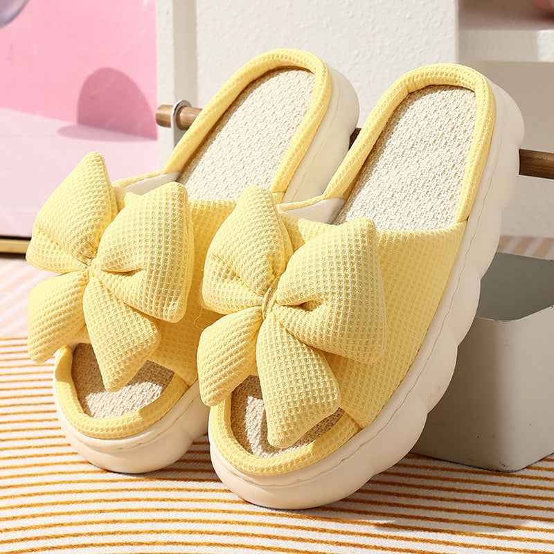 Cross-Border Foreign Trade Bow-Knot Linen Slippers for Women, Summer Home Breathable Non-Slip Comfortable Casual Indoor Thick-Soled Linen Slippers for Women