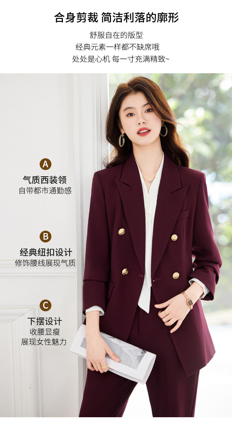 Double-Breasted Suit Set for Women, Autumn and Winter New Style, Korean Fashion, Casual, Professional Attire, Slim Fit, White-Collar Business Long-Sleeve Suit