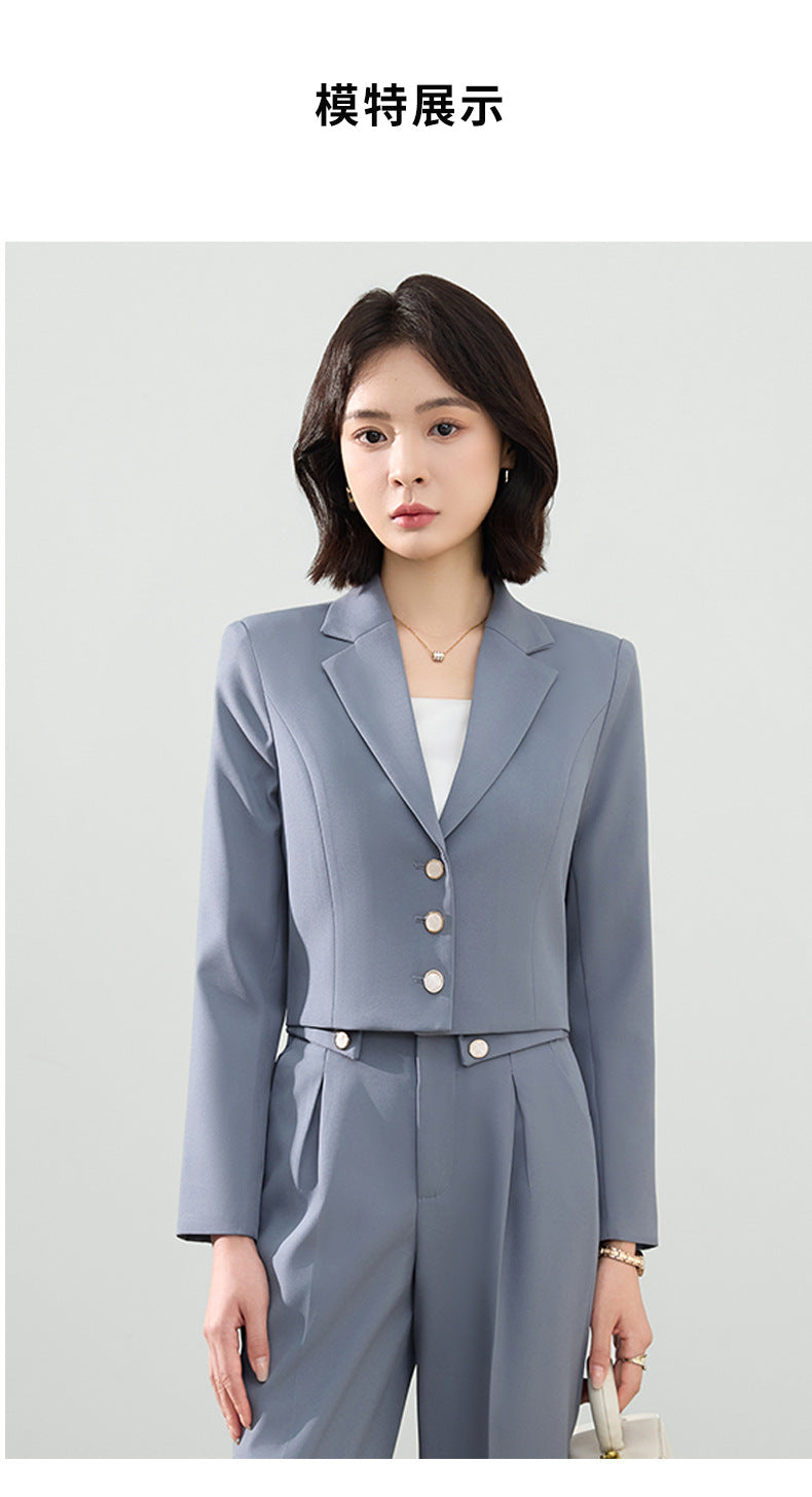 Cross-Border Gray Suit Set for Women, Spring and Autumn Short Style Professional Formal Wear, Hotel Front Desk Long-Sleeve Workwear Blazer