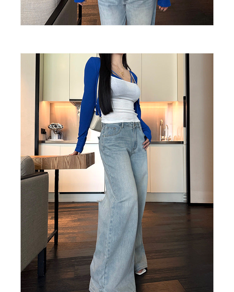 2025 Spring and Autum New Wide-Leg Ripped Jeans Women's Blue Loose Versatile Casual Straight Long Pants Trendy