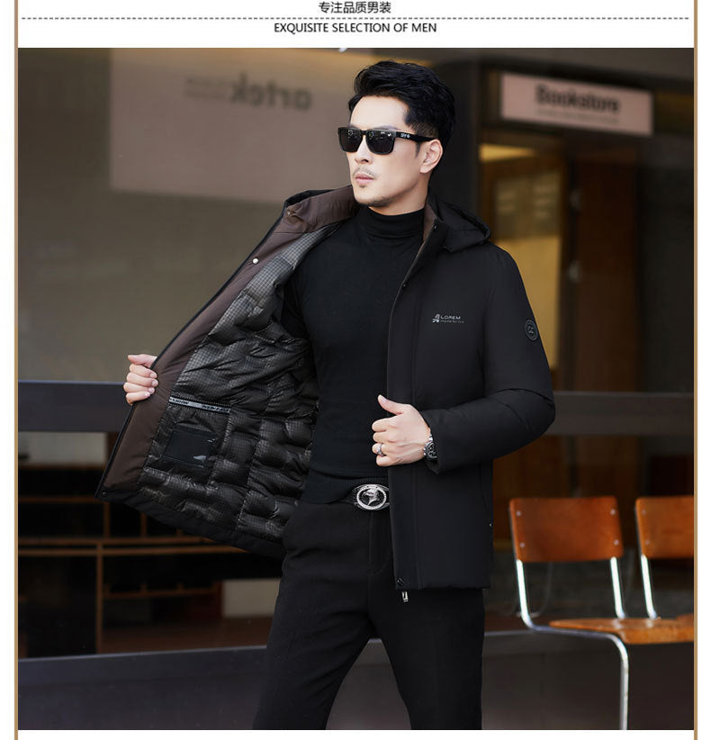 2024 winter new silk cotton-padded jacket casual men's business middle-aged cotton-padded hooded thick warm coat wholesale