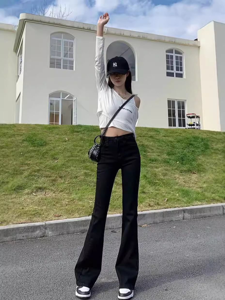 Black Stretch Micro-Flared Jeans for Women, Thin Summer 2025 New High-Waisted Slimming Pear-Shaped Body Horse Hoof Pants