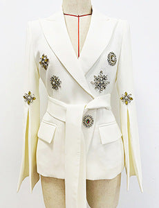 In Stock 2026 European and American Trendy Fashion New Style Handmade Luxurious Heavy Beading and Rhinestone Embellished Slim Fit Mid-Length Blazer