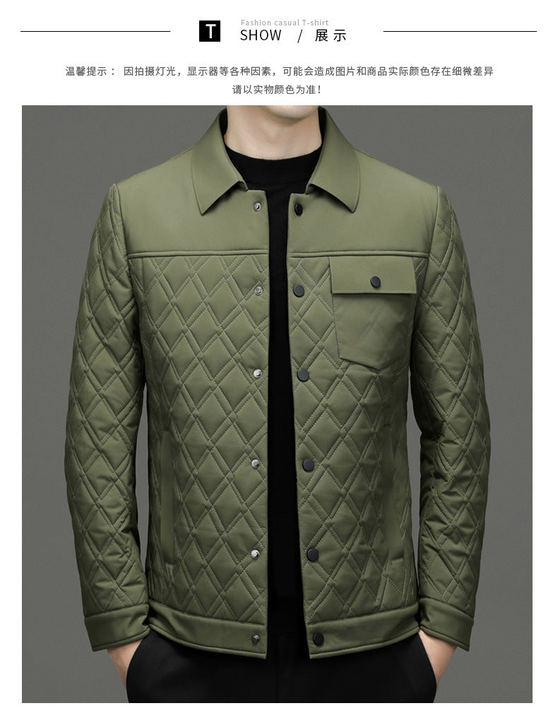 High-end men's mulberry silk cotton-padded coat business casual plaid middle-aged lightweight cotton-padded jacket autumn and winter men's lapel cotton-padded coat