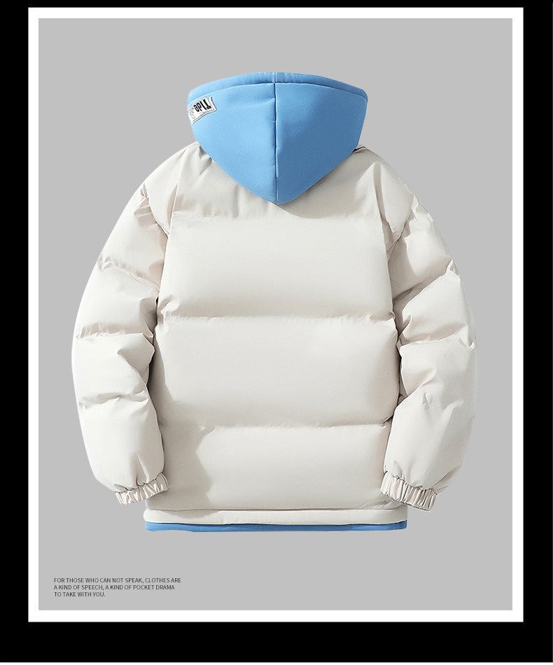 Hooded cotton-padded jacket winter thick warm couple's bread suit loose trend fake two-piece cotton-padded jacket men's hooded coat