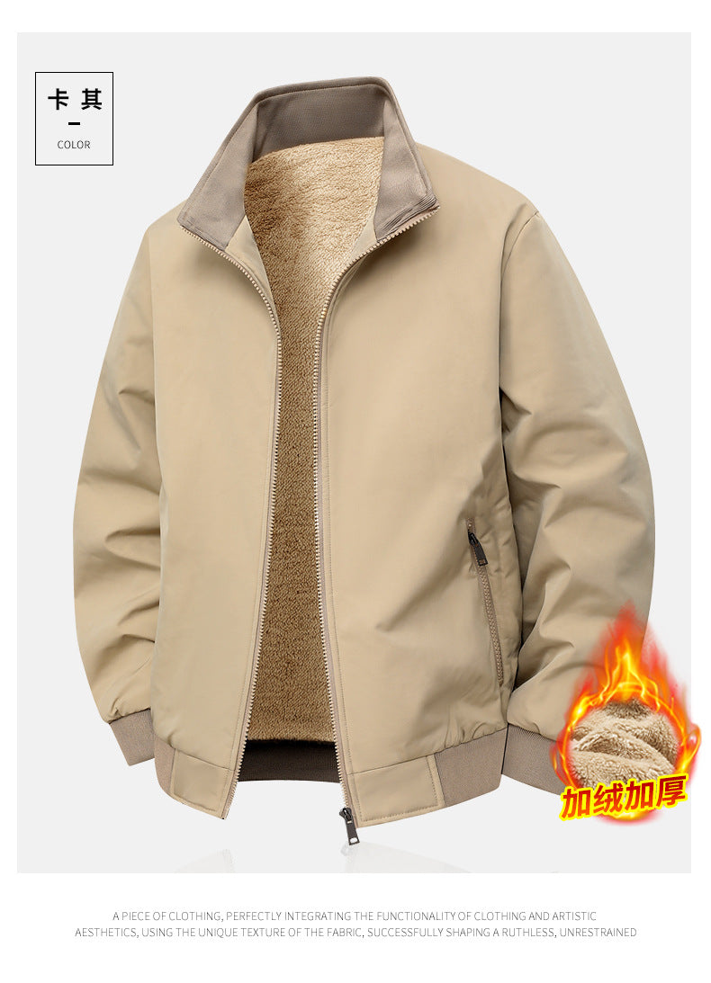 Thick Velvet Jacket 2025 Large Size Men's Outwear Autumn and Winter Middle-Aged and Elderly Stand-Up Collar Business Dad's Cotton Outwear