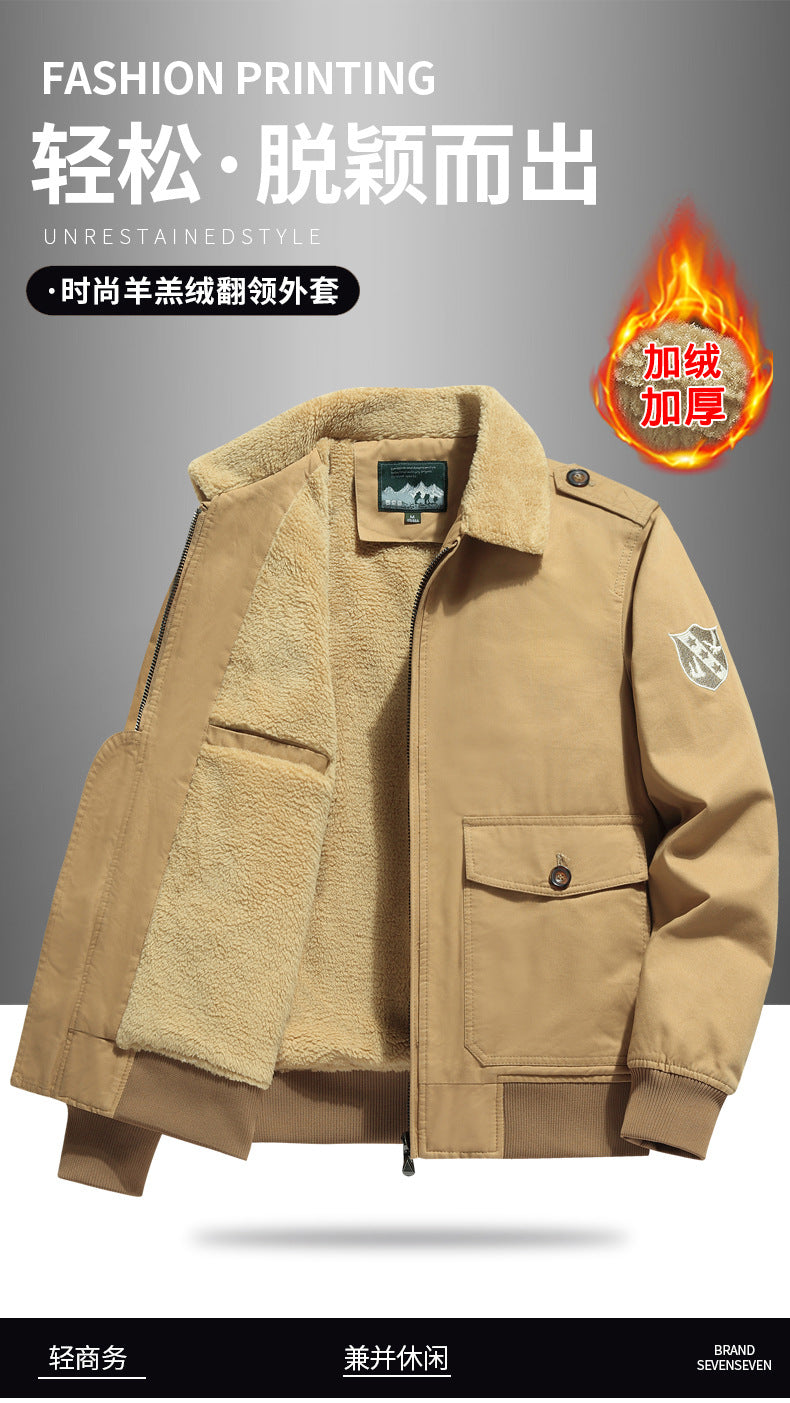 New Lamb Wool Jacket Men's Winter Thickened Wool Collar fleece-lined Overalls Cotton-padded Jacket Men's Jacket Casual Cotton-padded Jacket Aviator
