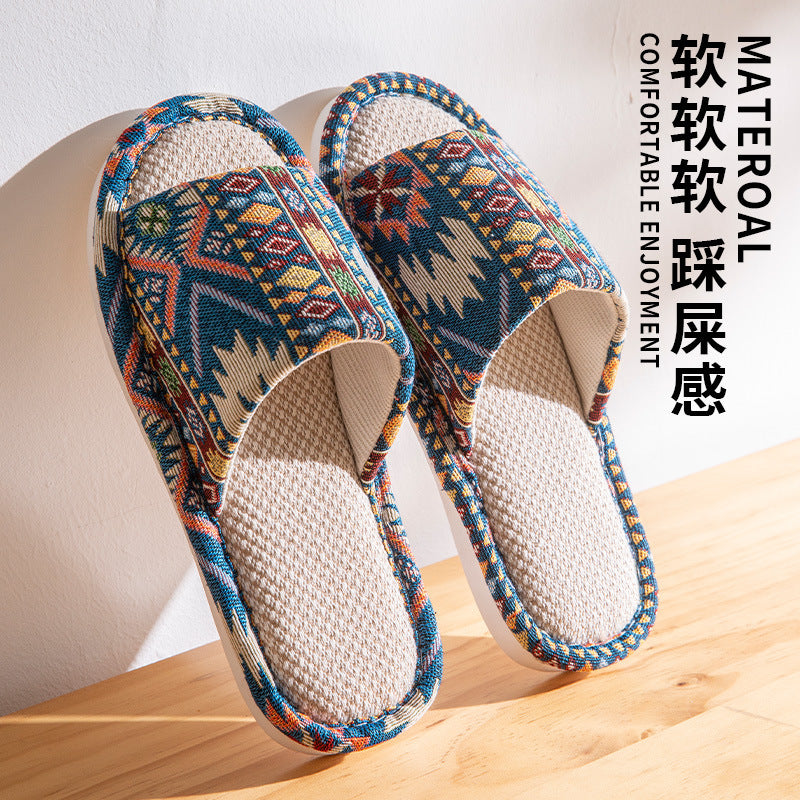 Linen Slippers Women's Spring and Autumn Household Couple's Home Indoor Mute Non-Slip Soft Bottom Four Seasons Cotton and Linen Fabric Slippers for Men
