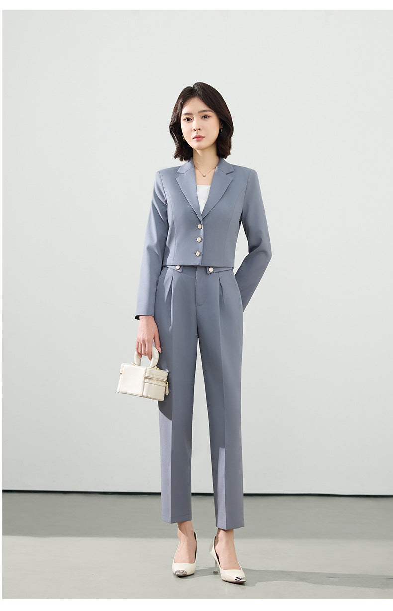 Cross-Border Gray Suit Set for Women, Spring and Autumn Short Style Professional Formal Wear, Hotel Front Desk Long-Sleeve Workwear Blazer