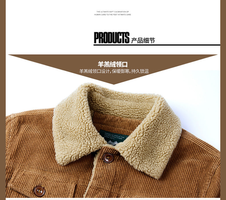 Lamb Velvet Jacket Men's Autumn and Winter Thickeneded Cotton Outwear Corduroy Workwear Cotton Jacket Fleece-Lined Retro Corduroy Jacket