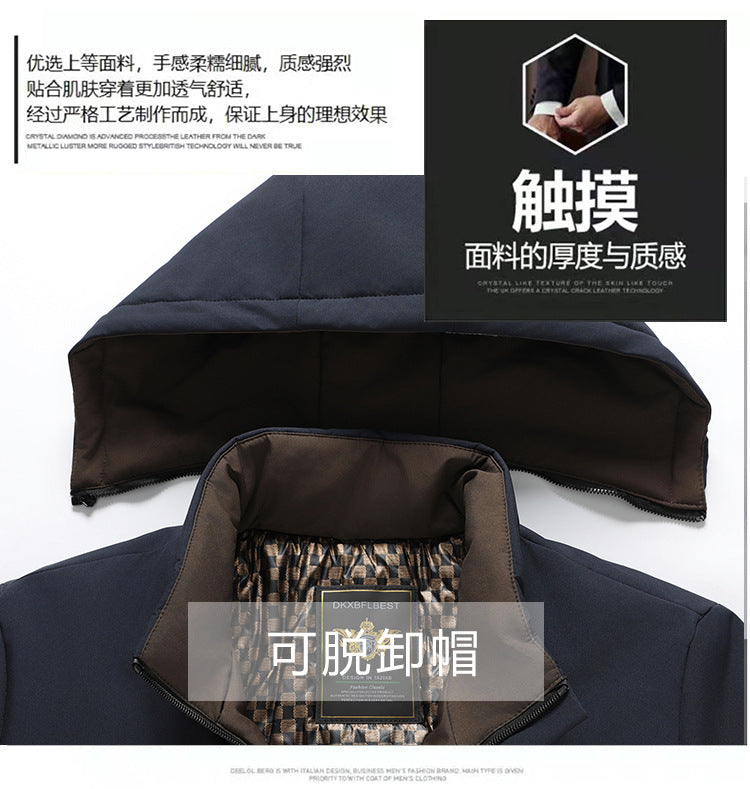 Middle-aged and elderly cotton-padded jacket 2024 winter middle-aged men's fleece-lined hooded jacket business leisure warm cotton-padded jacket