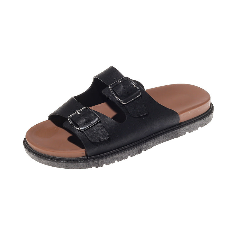 Double-strap Thick-soled Sandals and Slippers Women's New Flat-soled Shops with Square Buckle Korean Style Outer Wear All-match Roman Foreign Trade Beach Shoes