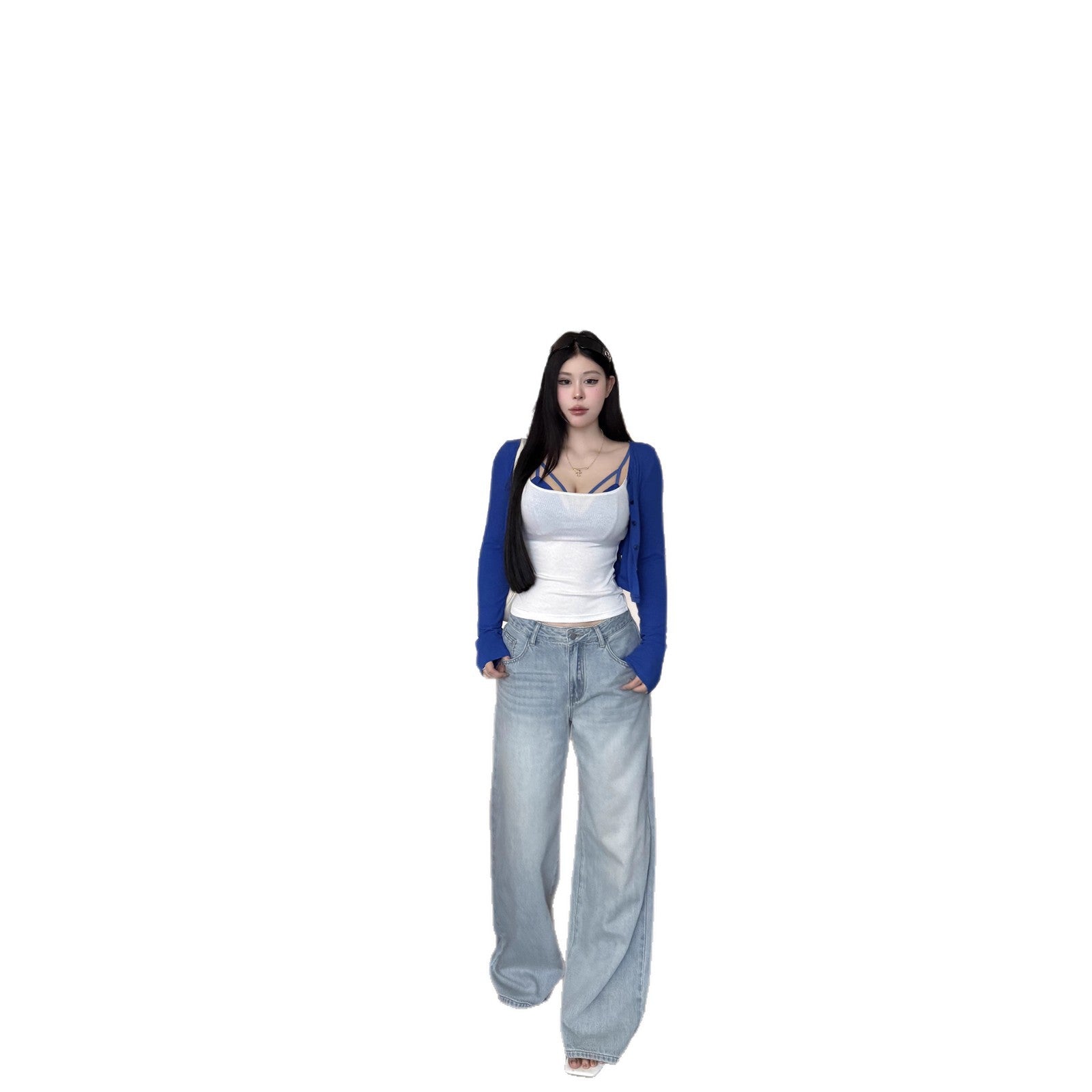 2025 Spring and Autum New Wide-Leg Ripped Jeans Women's Blue Loose Versatile Casual Straight Long Pants Trendy