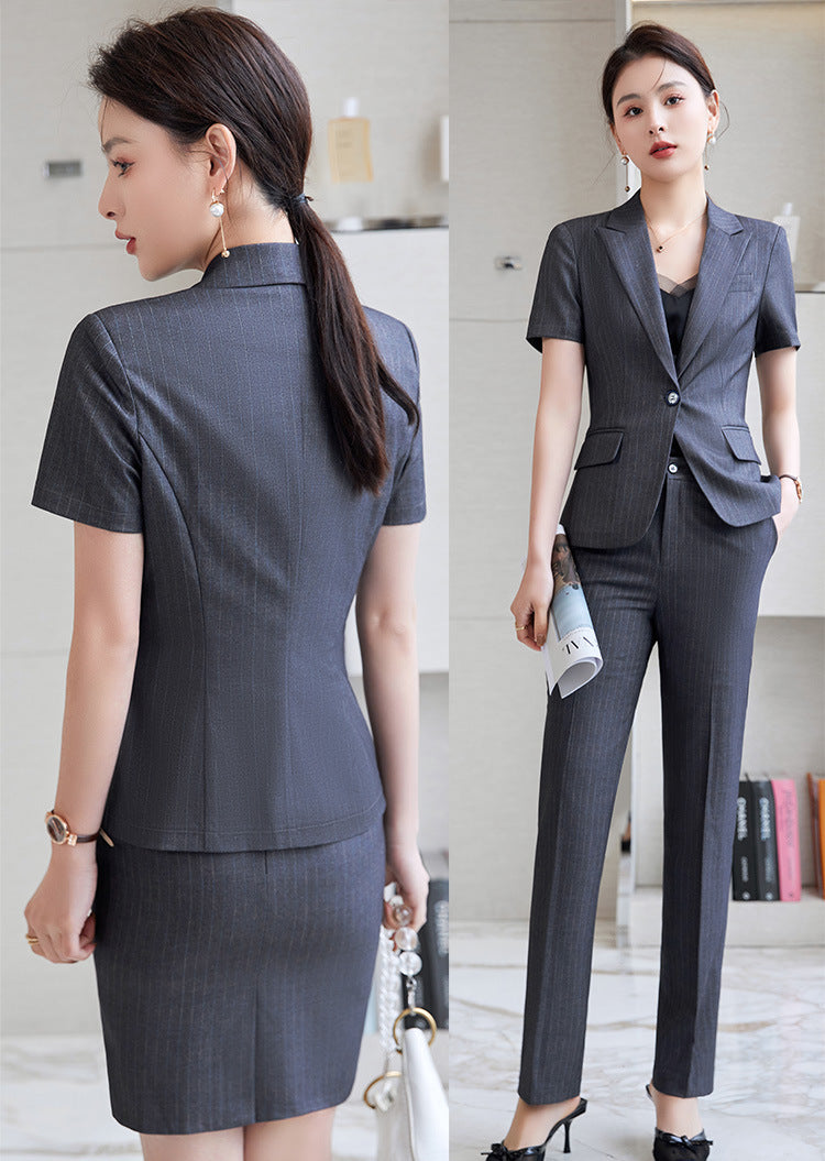 Hotel Front Desk Jewelry Store Work Clothes Classy New Stripesd Suit Suit Women's Summer Thin Short-Sleeved Business Wear