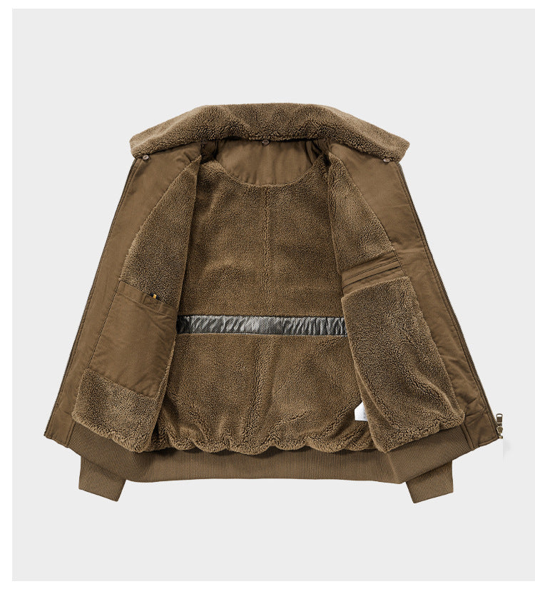 Pure Cotton Autumn and Winter Workwear Lamb Velvet Jacket Middle-Aged and Elderly Men's Jacket Flight Suit Winter Thickeneded Velvet Cotton Jacket