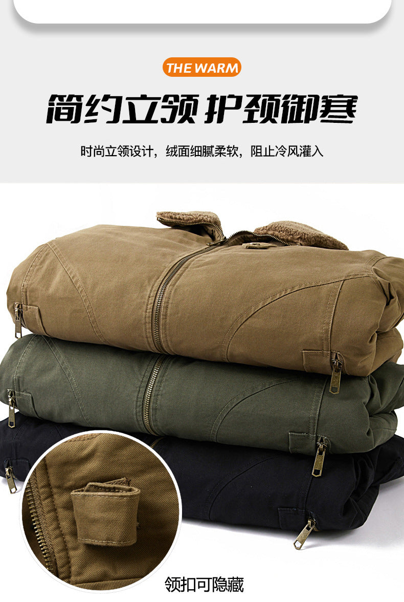 2024 Autumn/Winter New Cross-Border Men's Fleece-Lined Cotton Jacket with Stand Collar, Neck Protection, Cold-Proof, Washable Cotton Coat, Pure Cotton Outerwear