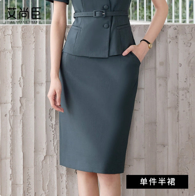 Summer New Design V-Neck Professional Women's Skirt Suit in Gray-Green, Slim-Fit and Flattering, Suitable for Reception and Work Attire