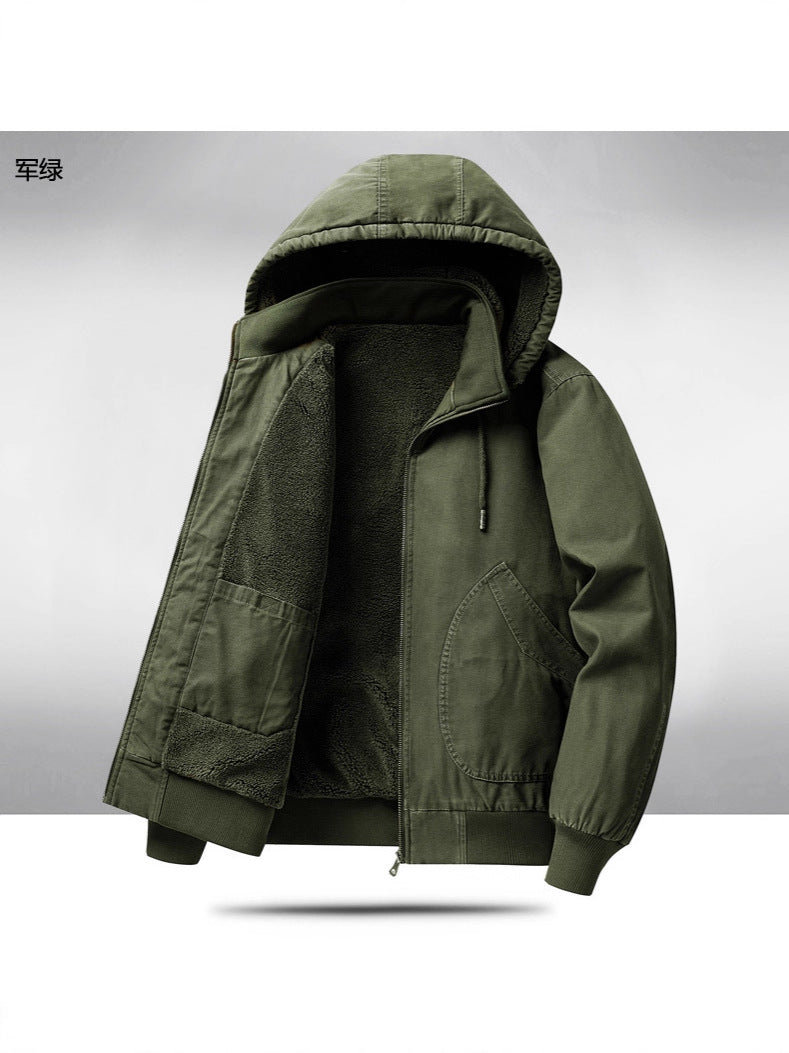 Men's Autumn and Winter Warm Fashion Fleece-Lined Bomber Jacket American-Style Workwear Hooded Cotton Coat for Warmth