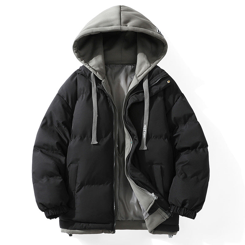 Hooded cotton-padded jacket winter thick warm couple's bread suit loose trend fake two-piece cotton-padded jacket men's hooded coat