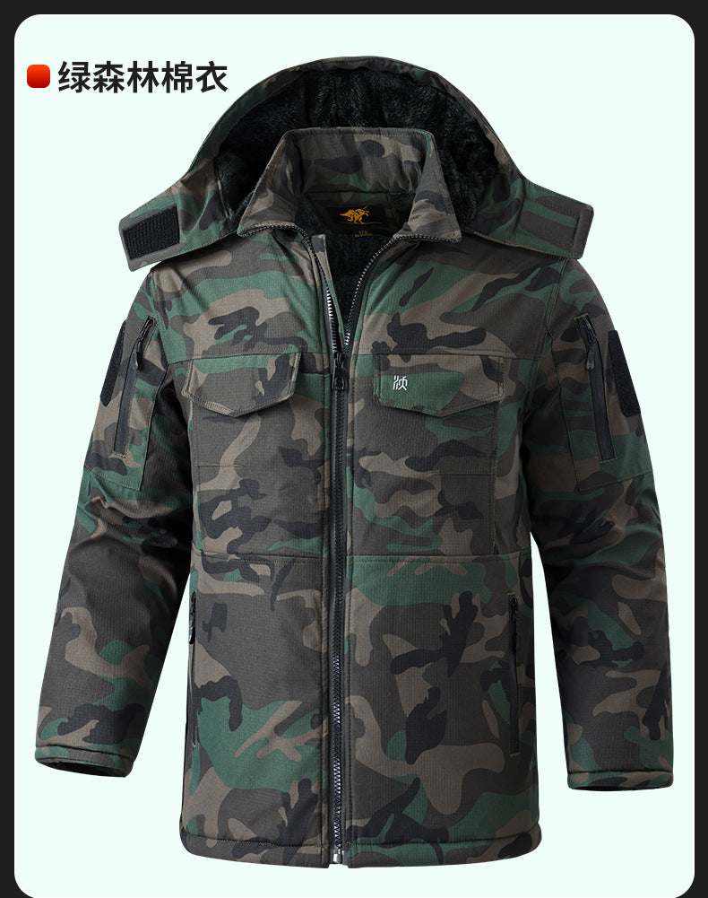Winter Mid-Length Cotton Work Clothes for Men, Velvet Thickeneded Cotton Jackets, Cold-Proof, Windproof and Warm Camouflage Work Clothes, Military Coats