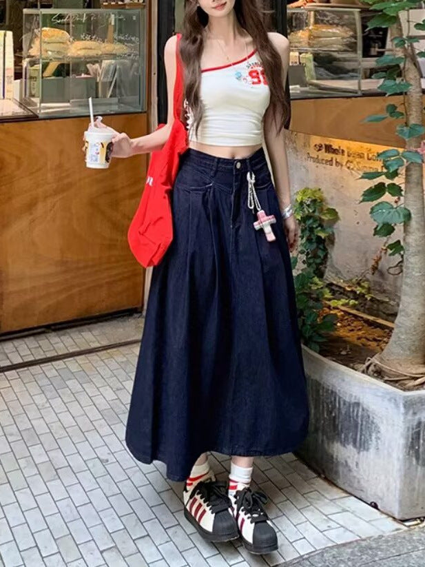 Retro Dark Denim Skirt for Women 2025 Spring and Autum New High-Waisted Loose Slimming Look Pleated A-Line Mid-Length Skirt