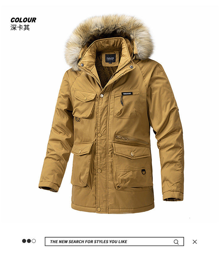 Autumn and winter new men's windbreaker Korean slim fit mid-length thick hooded coat plus size casual men's trendy