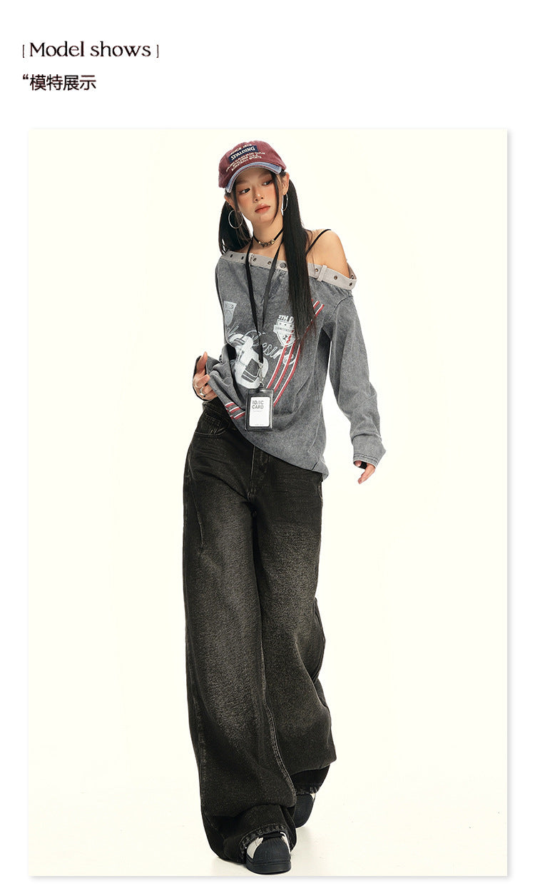 American Retro Wide-Leg Jeans for Women 2025 Early Autumn New Design Distressed Slimming Straight-Leg Floor-Length Pants