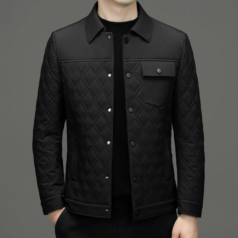 High-end men's mulberry silk cotton-padded coat business casual plaid middle-aged lightweight cotton-padded jacket autumn and winter men's lapel cotton-padded coat