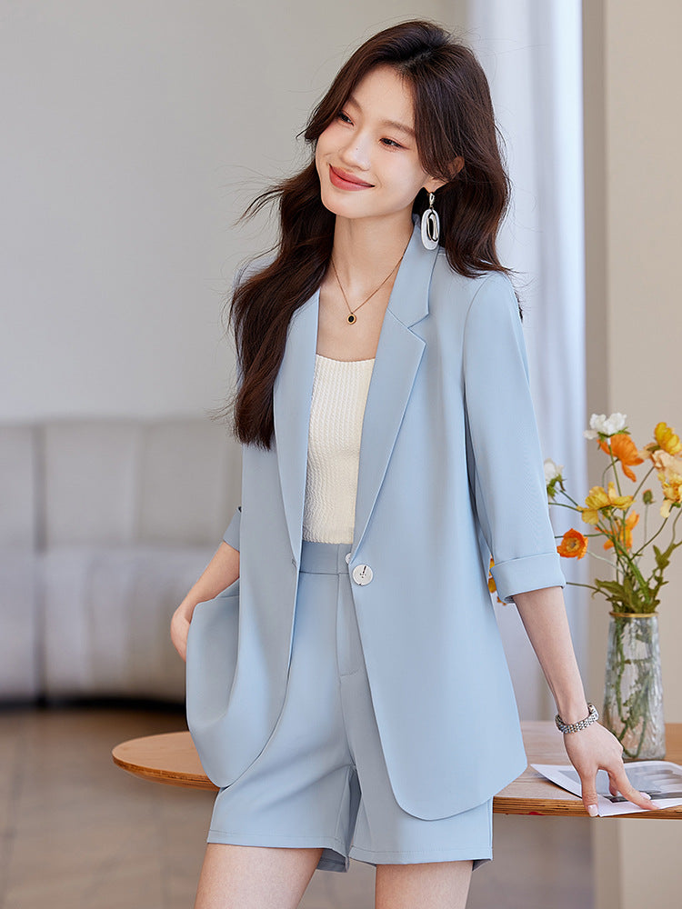 Blue Mid-Sleeve Chiffon Suit Jacket for Women 2025 New Summer Thin Style Fashionable High-End Shorts Suit