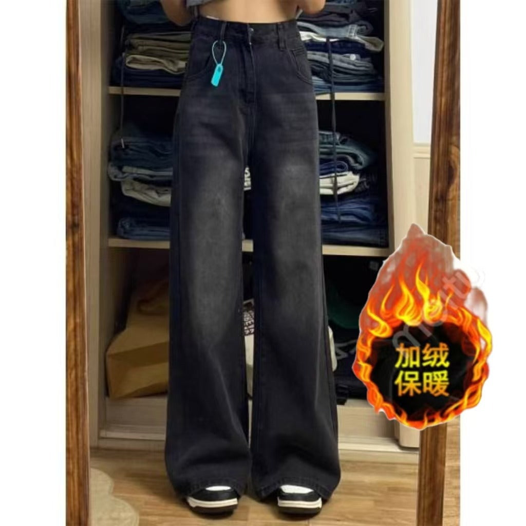 Retro Velvet Jeans for Women in Autumn and Winter New Style High-Waisted Loose Slimming Versatile Black Gray Wide-Leg Straight Pants