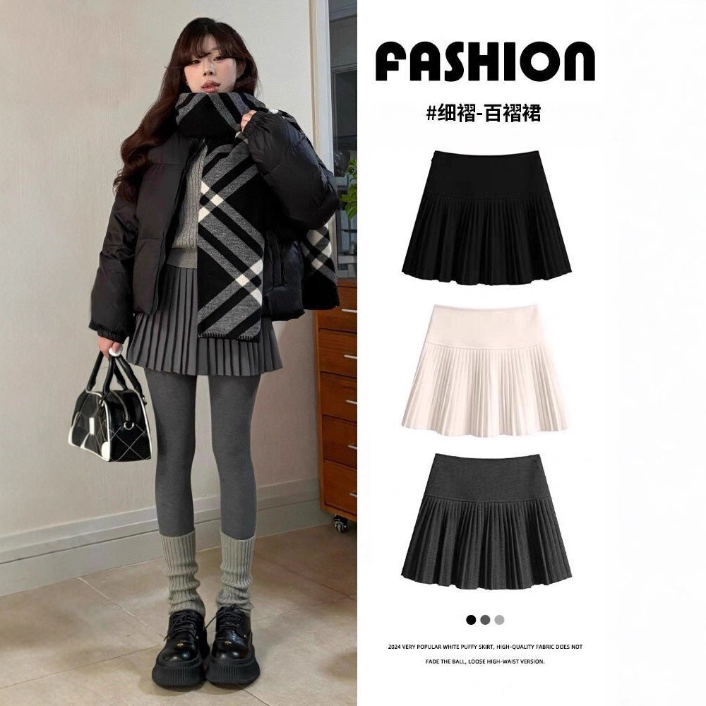 Woolen Pleated Skirt Women's Autumn and Winter New High-Waist Slimming Look A-Line Fine Pleated Skirt Winter Thickeneded Half-Length Short Skirt