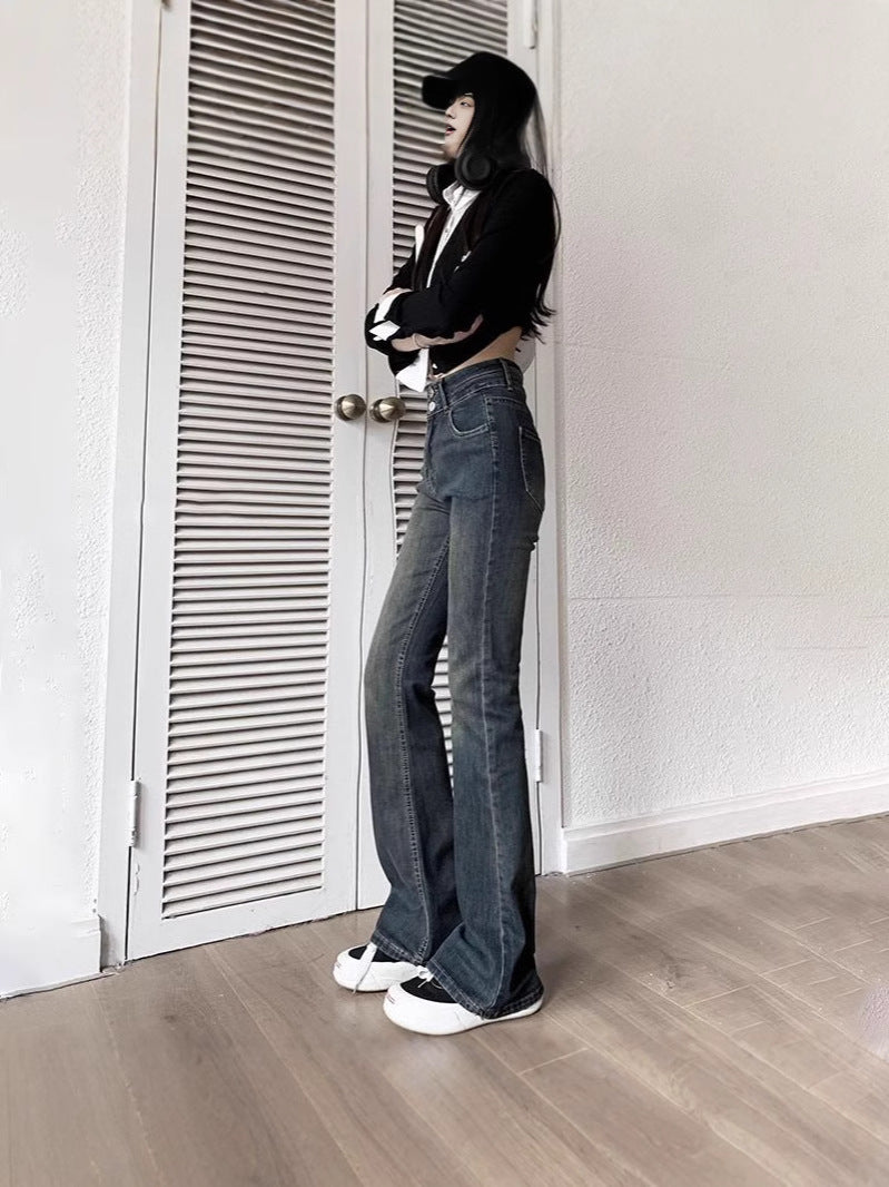 American Retro Denim Flared Pants for Women, Spring and Autumn New Gradient Floor-Length Petite High-Waisted Slimming Bootcut Pants