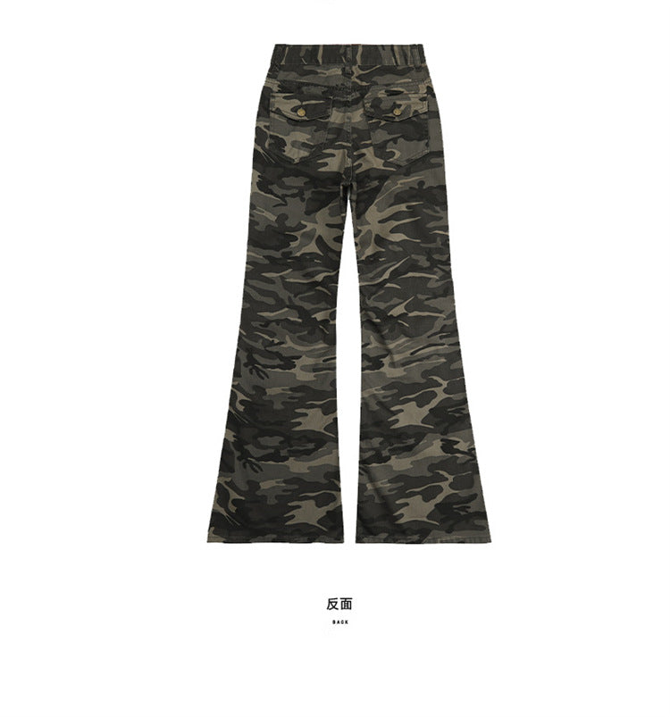 Autumn New Non-Elastic Slightly Spicy Cargo Pants American Retro Camouflage Flap Pocket Design Jeans for Women