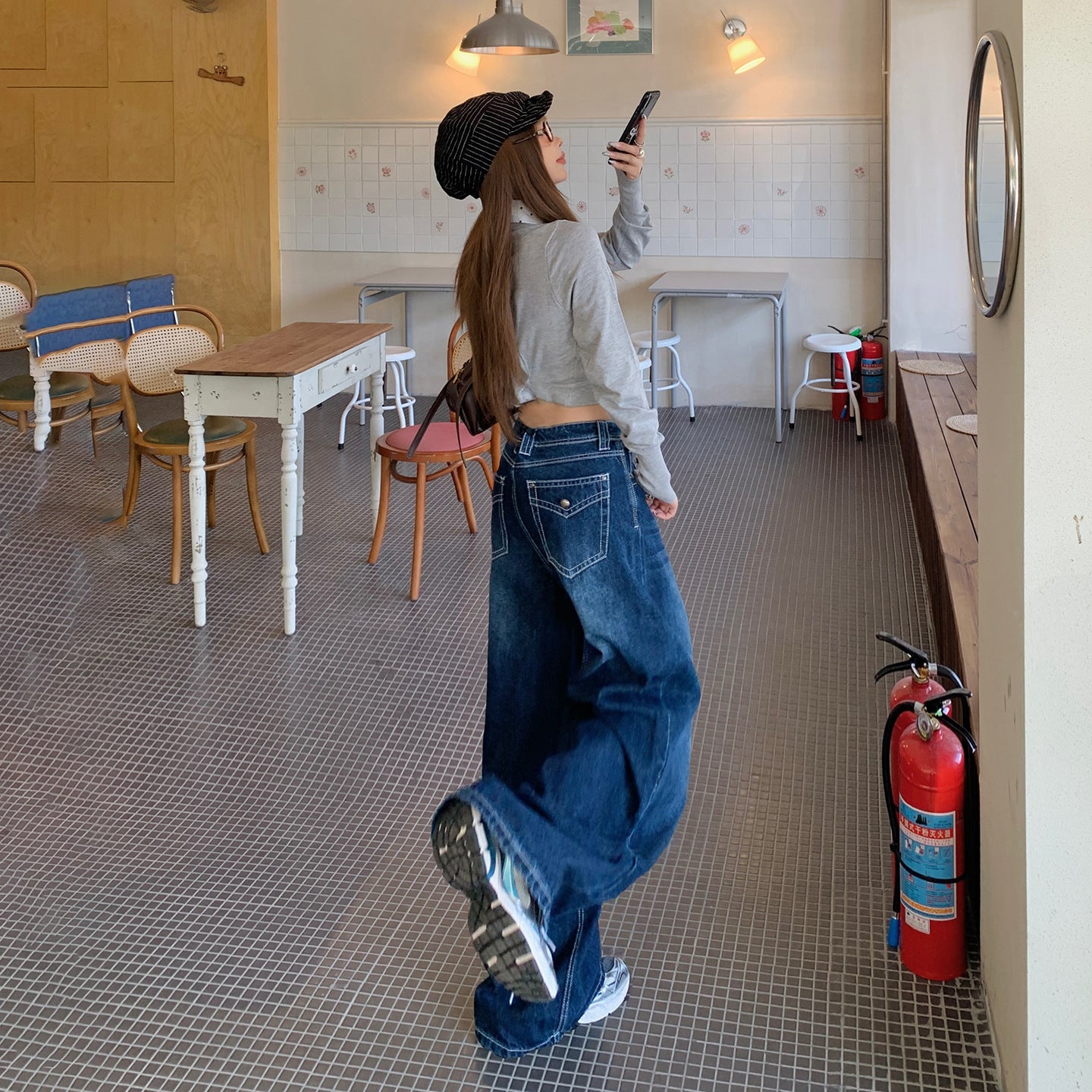 American-Style Dark Blue Wide-Leg Jeans for Women, 2025 Autumn New Straight High-Waisted Loose Slimming Lazy Floor-Length Pants